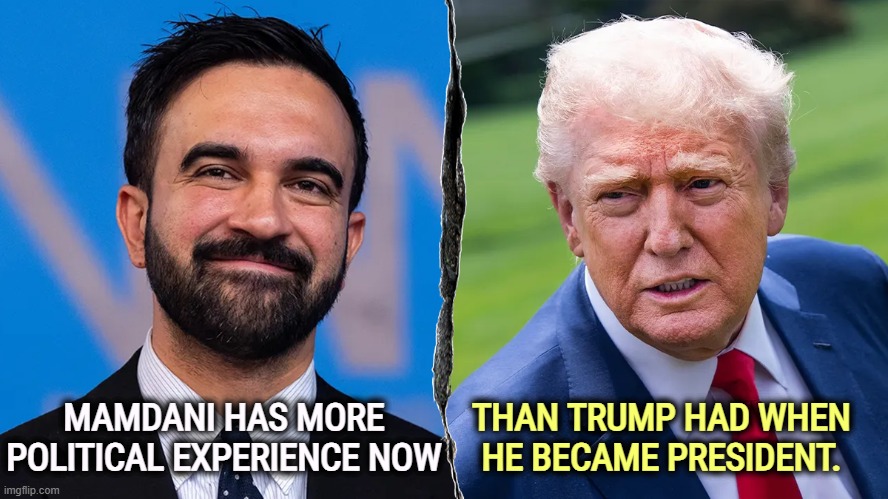 THAN TRUMP HAD WHEN HE BECAME PRESIDENT. MAMDANI HAS MORE POLITICAL EXPERIENCE NOW | image tagged in mamdani,experience,trump,failure | made w/ Imgflip meme maker