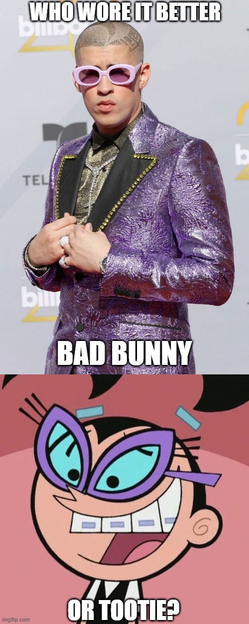 Who Wore It Better Wednesday #287 - Lavender glasses | WHO WORE IT BETTER; BAD BUNNY; OR TOOTIE? | image tagged in memes,who wore it better,bad bunny,the fairly oddparents,singers,nickelodeon | made w/ Imgflip meme maker