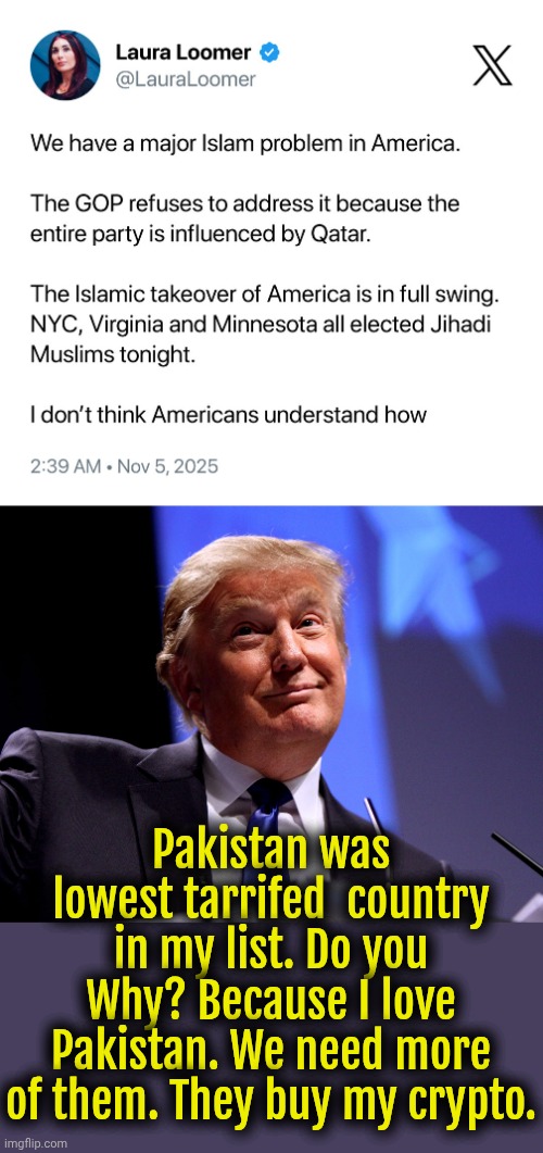Murica digging its own grave. | Pakistan was lowest tarrifed  country in my list. Do you Why? Because I love Pakistan. We need more of them. They buy my crypto. | image tagged in donald trump,trump,islam,muslims,america | made w/ Imgflip meme maker