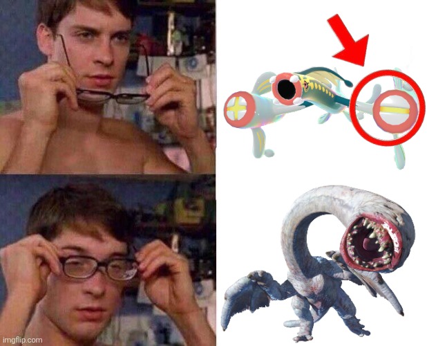 That's just me, but Mega Eelektross's arm looks kinda like Khezu from Monster Hunter. | image tagged in spiderman glasses,pokemon,monster hunter | made w/ Imgflip meme maker