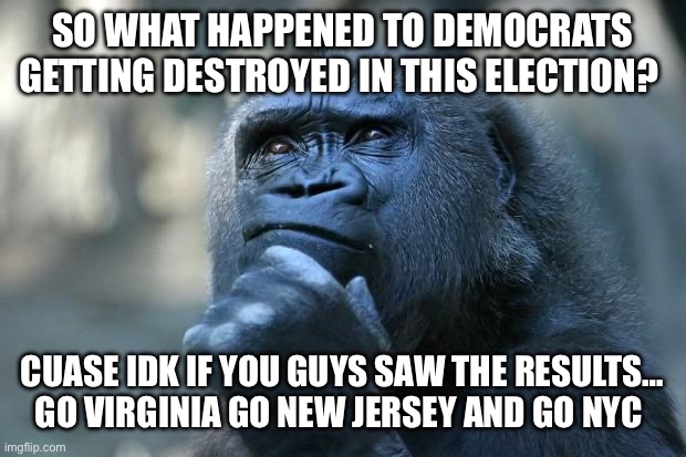 Plus Pennsylvania | SO WHAT HAPPENED TO DEMOCRATS GETTING DESTROYED IN THIS ELECTION? CUASE IDK IF YOU GUYS SAW THE RESULTS… GO VIRGINIA GO NEW JERSEY AND GO NYC | image tagged in deep thoughts | made w/ Imgflip meme maker