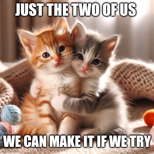 Just the two of us | JUST THE TWO OF US; WE CAN MAKE IT IF WE TRY | image tagged in to kittens hugging,cute | made w/ Imgflip meme maker