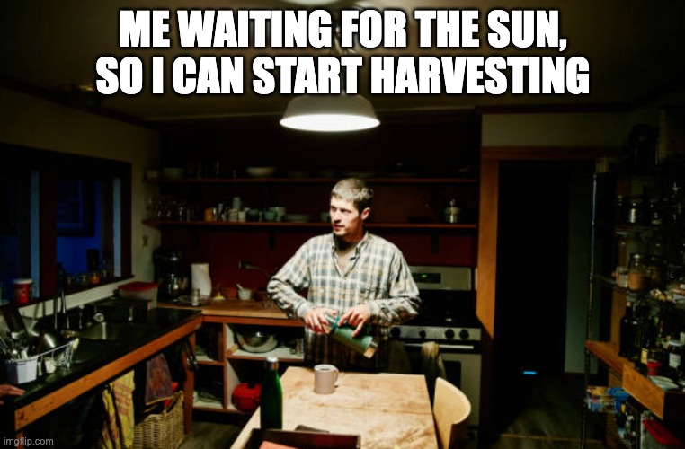 sunrise | ME WAITING FOR THE SUN, SO I CAN START HARVESTING | image tagged in sunrise,farmer,harvest | made w/ Imgflip meme maker