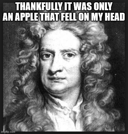 Sir Isaac Newton | THANKFULLY IT WAS ONLY AN APPLE THAT FELL ON MY HEAD | image tagged in sir isaac newton | made w/ Imgflip meme maker