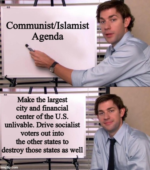 The Strategy is Called "Bullets or Ballots Jihad" | Communist/Islamist Agenda; Make the largest city and financial center of the U.S. unlivable. Drive socialist voters out into the other states to destroy those states as well | image tagged in jim halpert explains | made w/ Imgflip meme maker