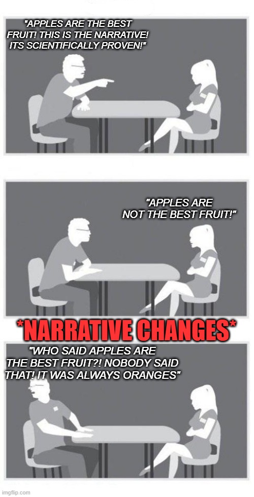 Talking to liberals as the narrative changes | "APPLES ARE THE BEST FRUIT! THIS IS THE NARRATIVE! ITS SCIENTIFICALLY PROVEN!"; "APPLES ARE NOT THE BEST FRUIT!"; *NARRATIVE CHANGES*; "WHO SAID APPLES ARE THE BEST FRUIT?! NOBODY SAID THAT! IT WAS ALWAYS ORANGES" | image tagged in speed dating | made w/ Imgflip meme maker