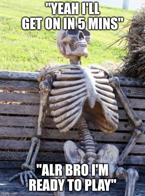 So long... | "YEAH I'LL GET ON IN 5 MINS"; "ALR BRO I'M READY TO PLAY" | image tagged in memes,waiting skeleton | made w/ Imgflip meme maker