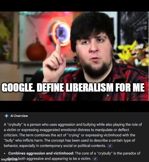 GOOGLE. DEFINE LIBERALISM FOR ME | image tagged in jontron i have several questions | made w/ Imgflip meme maker