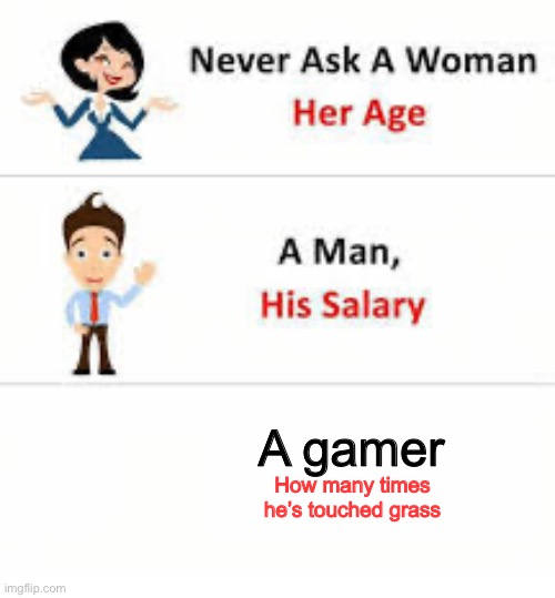 Gamers!!! | A gamer; How many times he’s touched grass | image tagged in never ask a woman her age | made w/ Imgflip meme maker