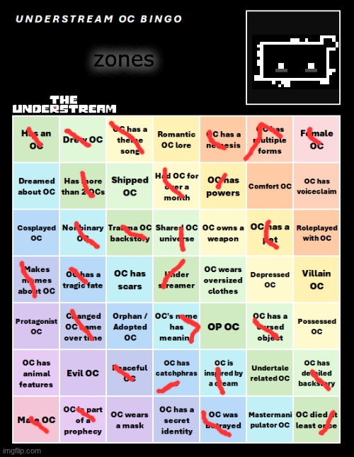 I will do a qna about this later ok don't flame me | zones | image tagged in understream oc bingo by interactionsystem | made w/ Imgflip meme maker