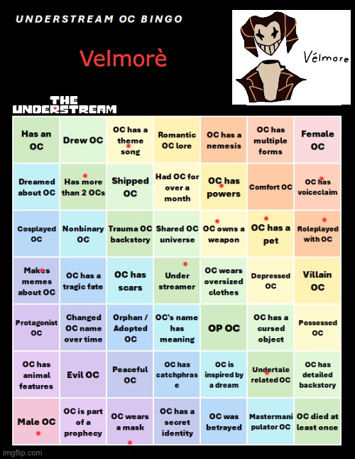 UNDERSTREAM OC BINGO (By InteractionSystem) | Velmorè | image tagged in understream oc bingo by interactionsystem | made w/ Imgflip meme maker
