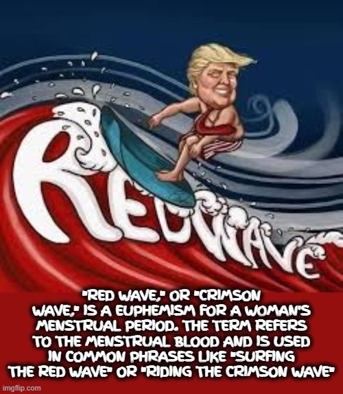 RED WAVE | "RED WAVE," OR "CRIMSON WAVE," IS A EUPHEMISM FOR A WOMAN'S MENSTRUAL PERIOD. THE TERM REFERS TO THE MENSTRUAL BLOOD AND IS USED IN COMMON PHRASES LIKE "SURFING THE RED WAVE" OR "RIDING THE CRIMSON WAVE" | image tagged in red wave,republican,maga,crimson wave,menstrual,period | made w/ Imgflip meme maker