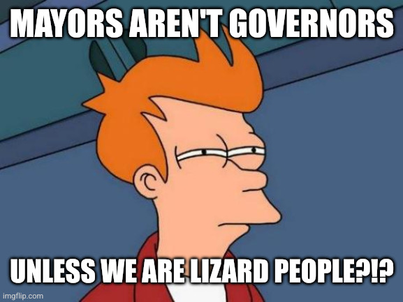 MAYORS AREN'T GOVERNORS UNLESS WE ARE LIZARD PEOPLE?!? | image tagged in memes,futurama fry | made w/ Imgflip meme maker