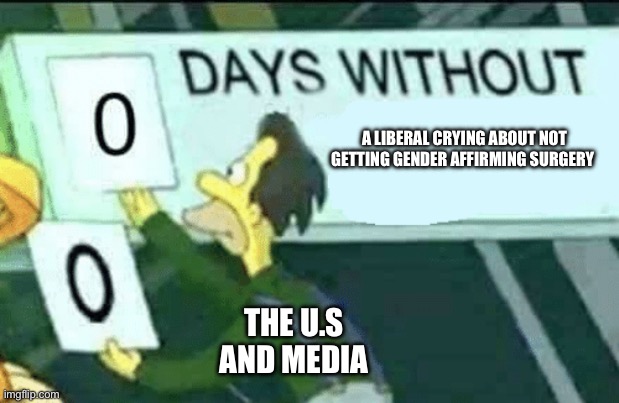 0 days without (Lenny, Simpsons) | A LIBERAL CRYING ABOUT NOT GETTING GENDER AFFIRMING SURGERY; THE U.S AND MEDIA | image tagged in 0 days without lenny simpsons | made w/ Imgflip meme maker