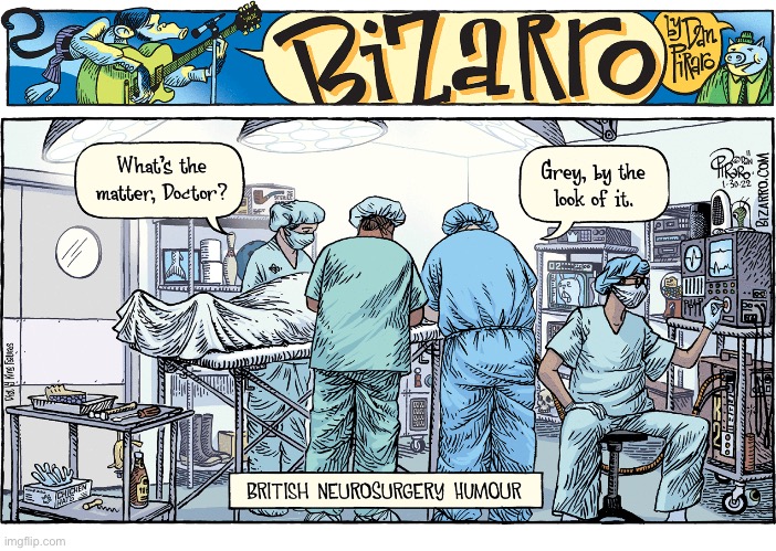 British neurosurgery humour… | image tagged in comics,bizarro comics,neurosurgery,grey matter,british humour | made w/ Imgflip meme maker