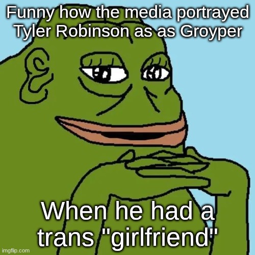 groyper | Funny how the media portrayed Tyler Robinson as as Groyper; When he had a trans "girlfriend" | image tagged in groyper | made w/ Imgflip meme maker