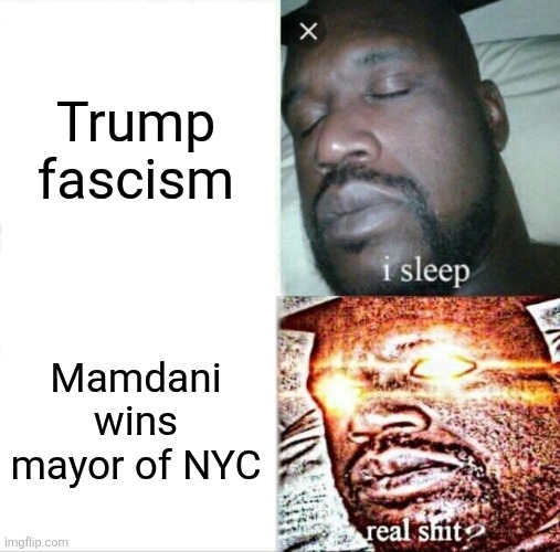 Sleeping Shaq | Trump fascism; Mamdani wins mayor of NYC | image tagged in memes,sleeping shaq | made w/ Imgflip meme maker