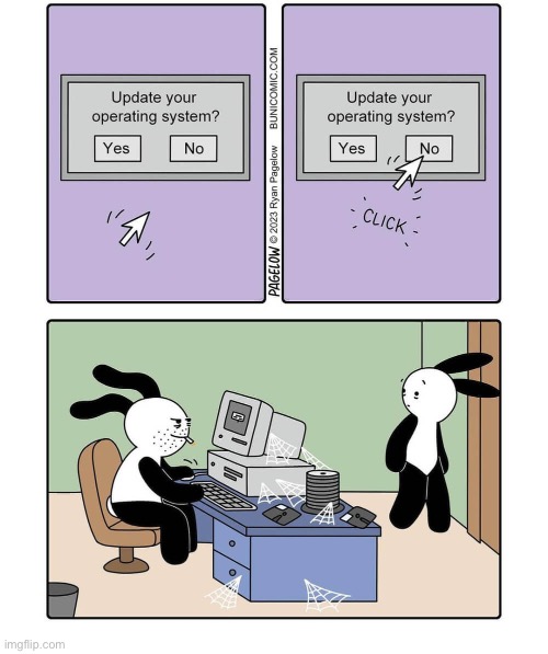 Buni Comics | image tagged in comics,buni comics,computer,operating system,update,obsolete | made w/ Imgflip meme maker