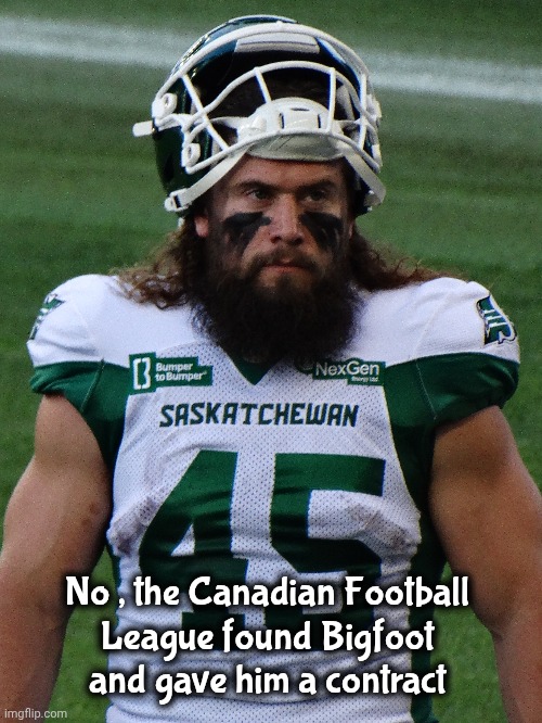 No , the Canadian Football
League found Bigfoot
and gave him a contract | made w/ Imgflip meme maker