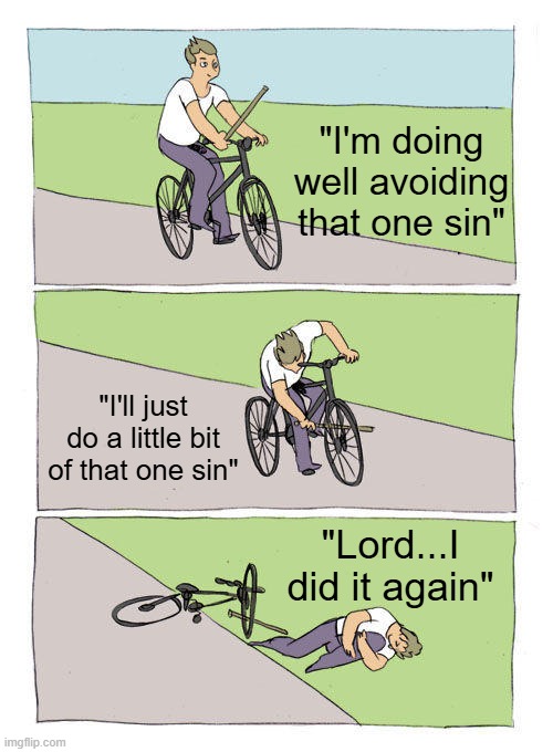 Repeatedly and repeatedly | "I'm doing well avoiding that one sin"; "I'll just do a little bit of that one sin"; "Lord...I did it again" | image tagged in memes,bike fall,christianity,bible,r/dankchristianmemes | made w/ Imgflip meme maker