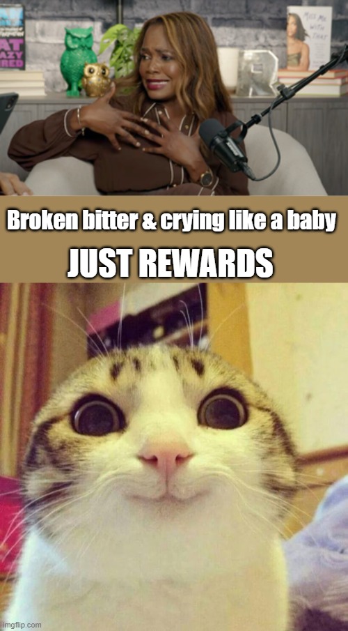See what happens kids once you're no longer a useful dem idiot. | JUST REWARDS; Broken bitter & crying like a baby | image tagged in memes,smiling cat | made w/ Imgflip meme maker
