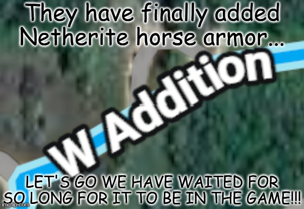 One of the most awaited items is finally in Minecraft! | They have finally added Netherite horse armor... LET'S GO WE HAVE WAITED FOR SO LONG FOR IT TO BE IN THE GAME!!! | image tagged in w addition,netherite horse armor,minecraft,gaming,video games | made w/ Imgflip meme maker