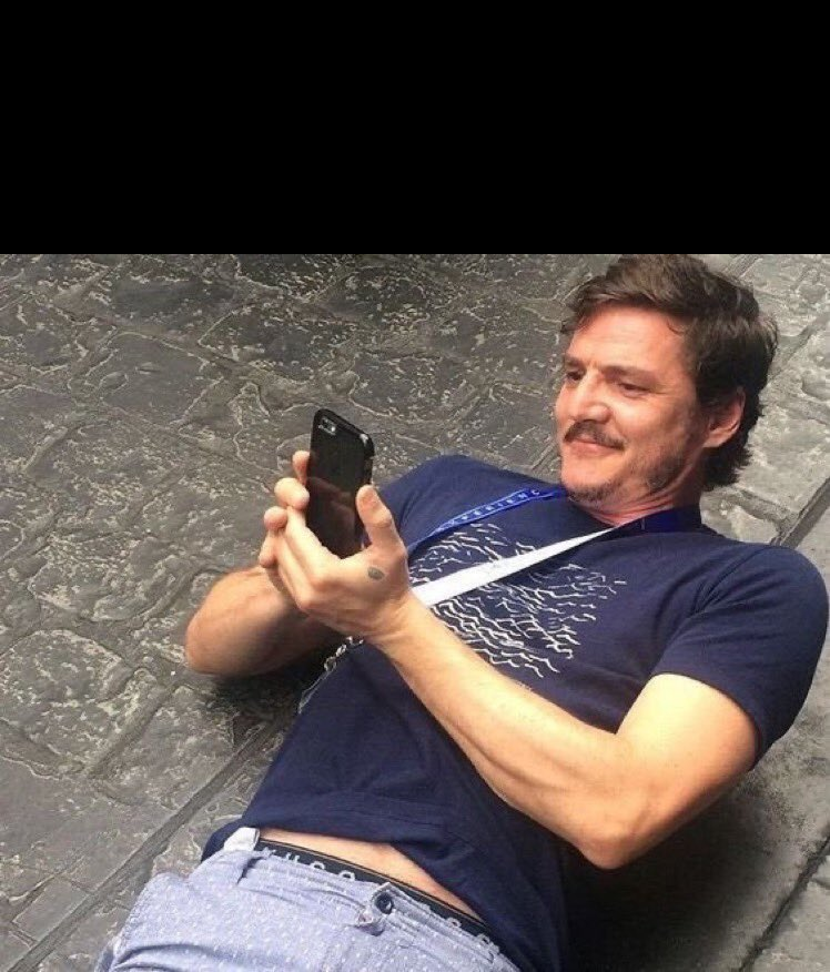 pedro pascal smiling at phone black Blank Meme Template