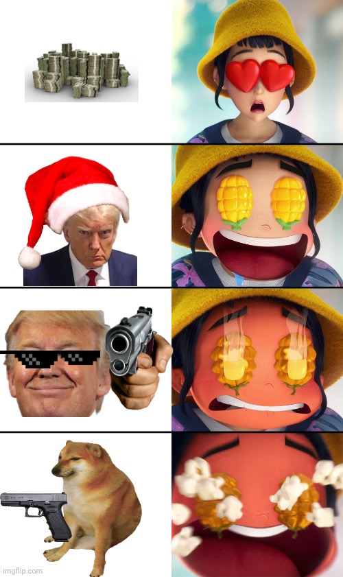 B 3 | image tagged in kpop demon hunters - corn eyes reaction,donald trump,trump,dog,money,popcorn | made w/ Imgflip meme maker