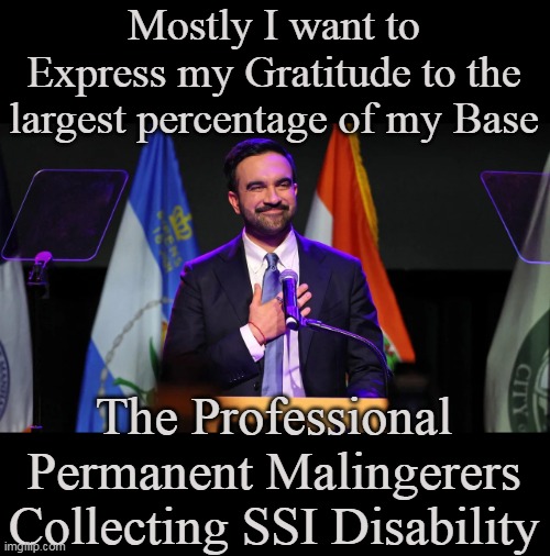 Shocker, the Gimedats found a new Hero | Mostly I want to Express my Gratitude to the largest percentage of my Base; The Professional Permanent Malingerers Collecting SSI Disability | image tagged in mamdani base ss disability meme | made w/ Imgflip meme maker