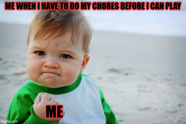 my anger for chores | ME WHEN I HAVE TO DO MY CHORES BEFORE I CAN PLAY; ME | image tagged in memes,success kid original | made w/ Imgflip meme maker