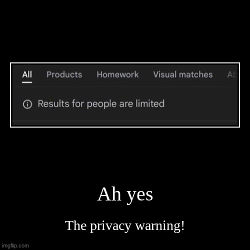 Since September 2023 | Ah yes | The privacy warning! | image tagged in funny,demotivationals,google lens,privacy | made w/ Imgflip demotivational maker