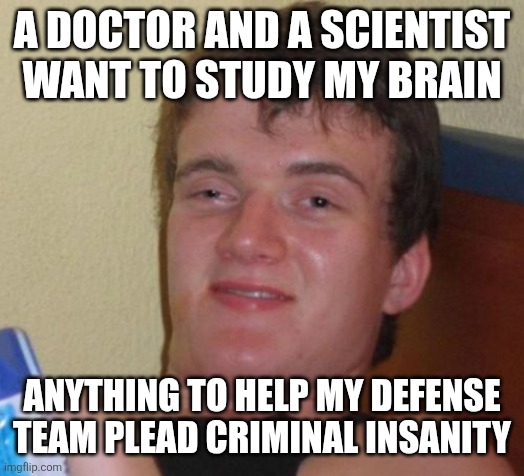 10 Guy Meme | A DOCTOR AND A SCIENTIST WANT TO STUDY MY BRAIN; ANYTHING TO HELP MY DEFENSE TEAM PLEAD CRIMINAL INSANITY | image tagged in memes,10 guy | made w/ Imgflip meme maker