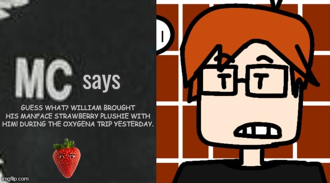 Remember what happened on May 13, 2025? When MC and his cousin were taking a walk in the plains? | GUESS WHAT? WILLIAM BROUGHT HIS MANFACE STRAWBERRY PLUSHIE WITH HIM! DURING THE OXYGENA TRIP YESTERDAY. | image tagged in mc says,man face strawberry,memes,mc,moscovio may,oxygena | made w/ Imgflip meme maker