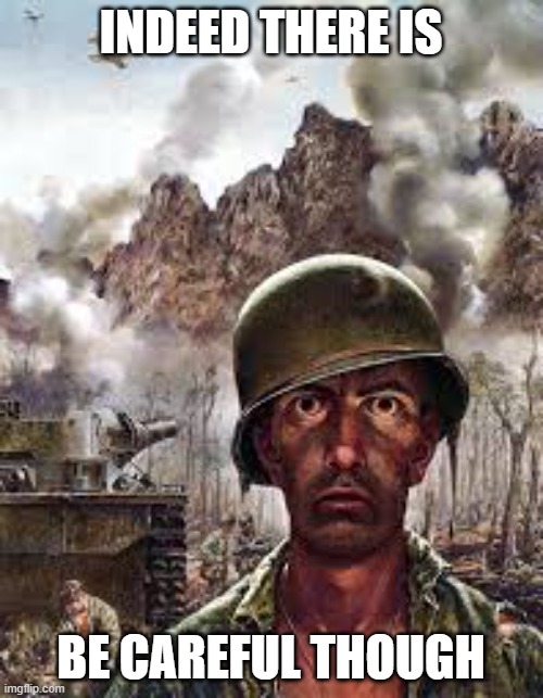 INDEED THERE IS BE CAREFUL THOUGH | image tagged in traumatized soldier | made w/ Imgflip meme maker