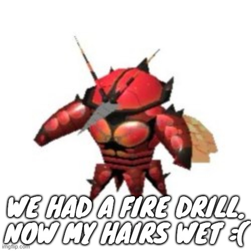 WE HAD A FIRE DRILL. NOW MY HAIRS WET :( | made w/ Imgflip meme maker