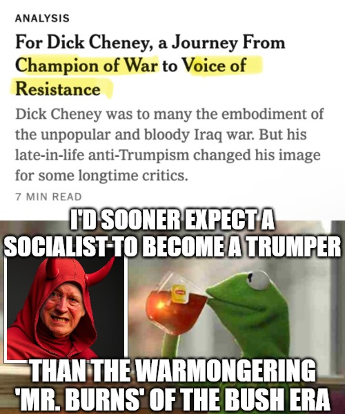 Had the man once joked to be the most evil gone with Trump, Don might not have made it. But he went where he belonged | I'D SOONER EXPECT A SOCIALIST TO BECOME A TRUMPER; THAN THE WARMONGERING 'MR. BURNS' OF THE BUSH ERA | image tagged in kermit sipping tea,dick cheney,american politics | made w/ Imgflip meme maker