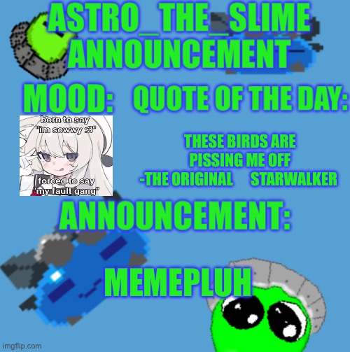 I made a meme for once | THESE BIRDS ARE PISSING ME OFF
-THE ORIGINAL      STARWALKER; MEMEPLUH | image tagged in new astro_the_slime announcement template | made w/ Imgflip meme maker