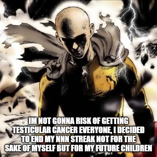 also the whole thing sounds stupid XD | IM NOT GONNA RISK OF GETTING TESTICULAR CANCER EVERYONE, I DECIDED TO END MY NNN STREAK NOT FOR THE SAKE OF MYSELF BUT FOR MY FUTURE CHILDREN | made w/ Imgflip meme maker