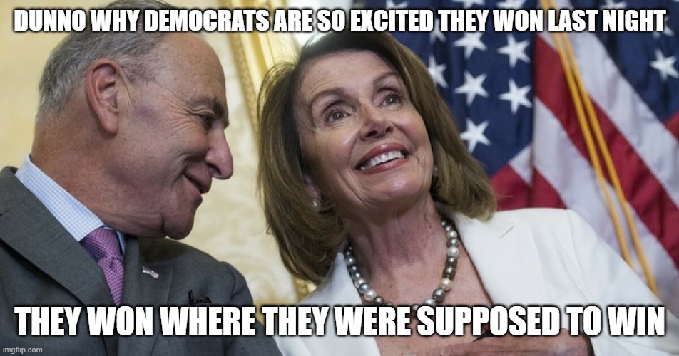 No News Story Here, Move Along | DUNNO WHY DEMOCRATS ARE SO EXCITED THEY WON LAST NIGHT; THEY WON WHERE THEY WERE SUPPOSED TO WIN | image tagged in laughing democrats | made w/ Imgflip meme maker