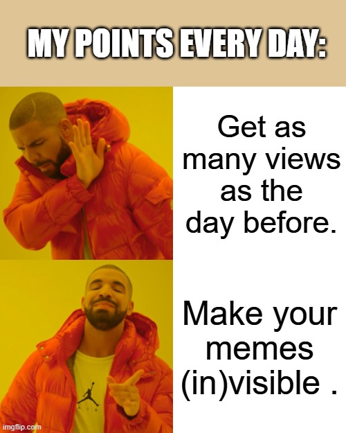 hope this one isnt those days. | MY POINTS EVERY DAY:; Get as many views as the day before. Make your memes (in)visible . | image tagged in memes,drake hotline bling,imgflip points | made w/ Imgflip meme maker
