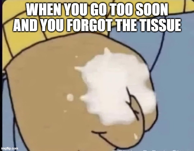 Premature | WHEN YOU GO TOO SOON AND YOU FORGOT THE TISSUE | image tagged in sex jokes | made w/ Imgflip meme maker
