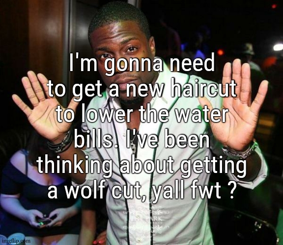 I think it would look pretty sick on me, and im choosing a new pair of glasses soon so its litterally a new beginning, a new me | I'm gonna need to get a new haircut to lower the water bills. I've been thinking about getting a wolf cut, yall fwt ? | image tagged in kevin hart hands up | made w/ Imgflip meme maker