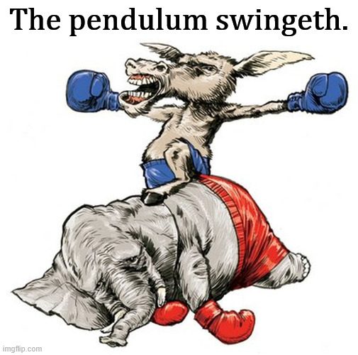 People like a government that works, not a burning dumpster fire that whines. Stop being crazy. | The pendulum swingeth. | image tagged in democratic donkey knocks out the maga republican elephant,democrats,winners,maga,republicans,losers | made w/ Imgflip meme maker