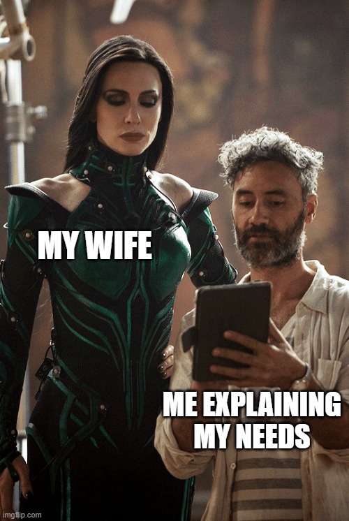 Explaining my needs to my wife | MY WIFE; ME EXPLAINING MY NEEDS | image tagged in taika waititi cate blanchett,wife,needs,rtx | made w/ Imgflip meme maker