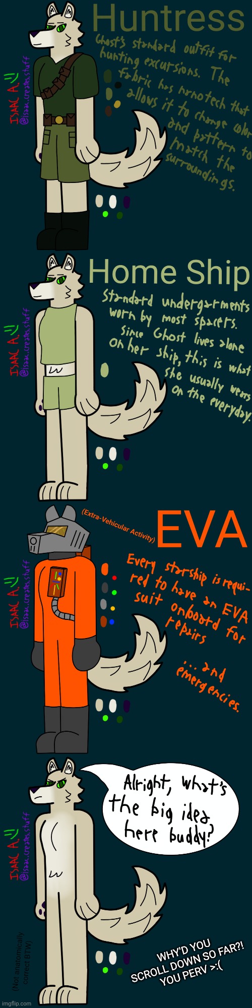 Various outfits for my OC Ghost | WHY'D YOU SCROLL DOWN SO FAR?!
YOU PERV >:(; (Not anatomically correct BTW) | image tagged in furry,anthro,wolf,sci fi,hunter,space | made w/ Imgflip meme maker