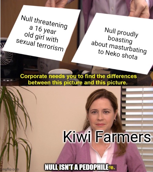 Null threatening a 16 year old girl with sexual terrorism Null proudly boasting about masturbating to Neko shota Kiwi Farmers NULL ISN'T A P | image tagged in memes,they're the same picture | made w/ Imgflip meme maker