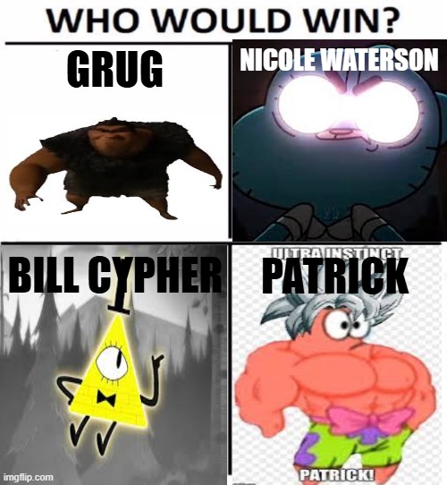Put These 4 In A Room, Whos Coming Out Alive | NICOLE WATERSON; GRUG; BILL CYPHER; PATRICK | image tagged in grug,tawog,gravity falls,spongebob | made w/ Imgflip meme maker