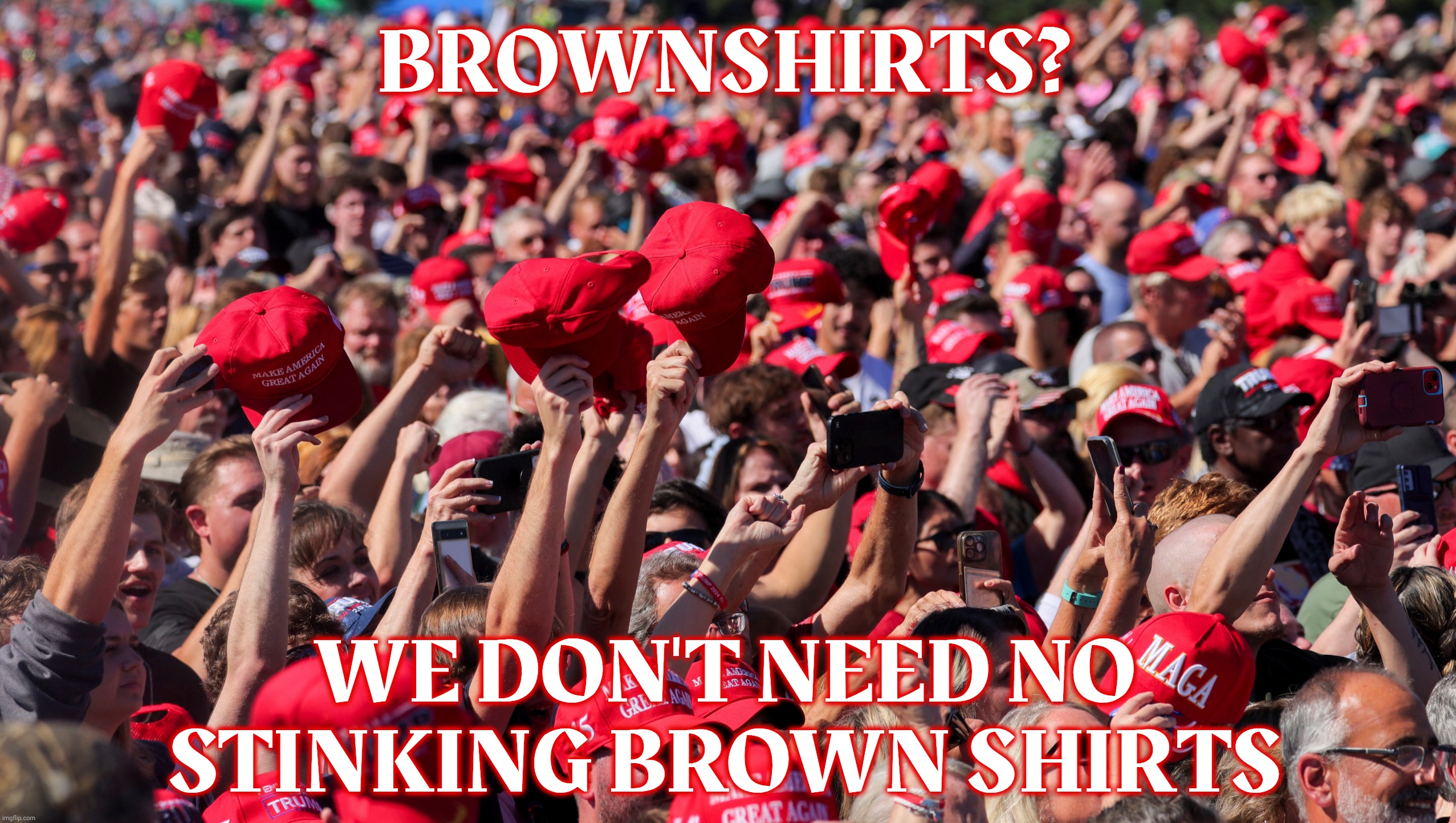 MAGA Crowd | BROWNSHIRTS? WE DON'T NEED NO STINKING BROWN SHIRTS | image tagged in maga crowd | made w/ Imgflip meme maker