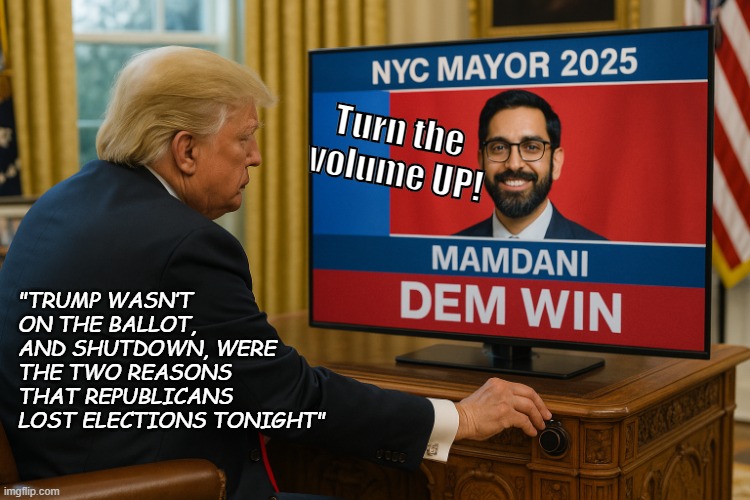 Memedani For The WIN | Turn the 
volume UP! "TRUMP WASN’T ON THE BALLOT, AND SHUTDOWN, WERE THE TWO REASONS THAT REPUBLICANS LOST ELECTIONS TONIGHT" | image tagged in donald trump,election,republicans,democrats,new york,mayor | made w/ Imgflip meme maker