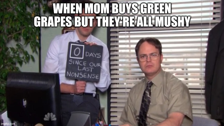 :( | WHEN MOM BUYS GREEN GRAPES BUT THEY'RE ALL MUSHY | image tagged in 0 days since our last nonsense | made w/ Imgflip meme maker